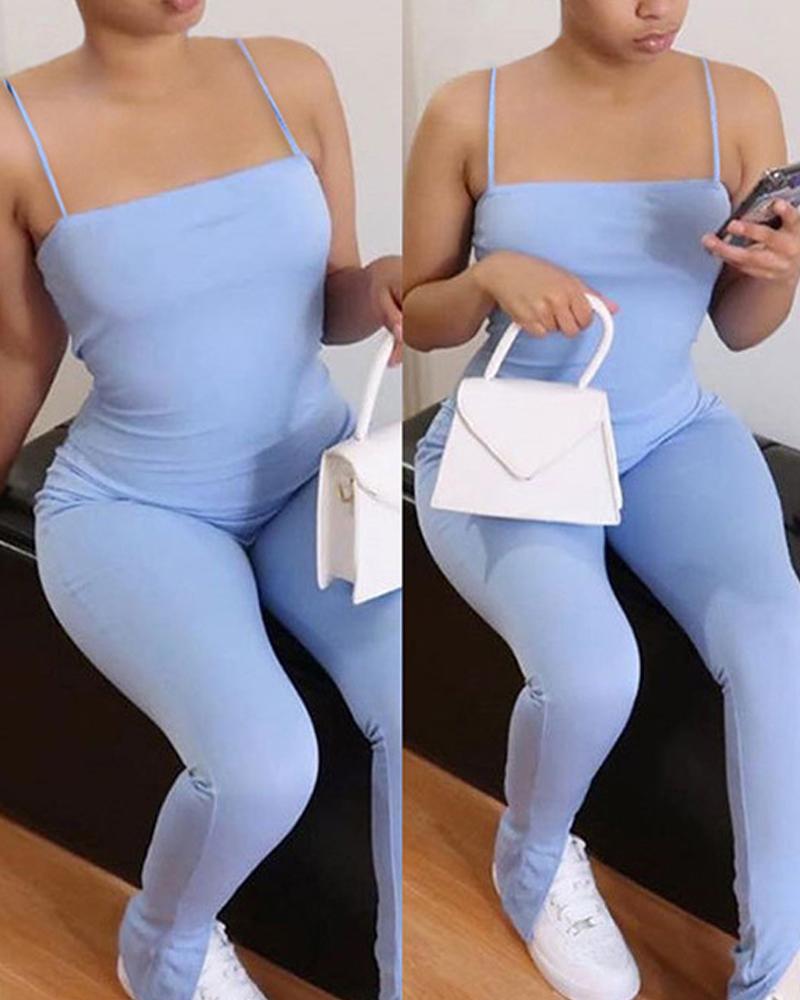 

Square Neck Spaghetti Strap Jumpsuit, Blue