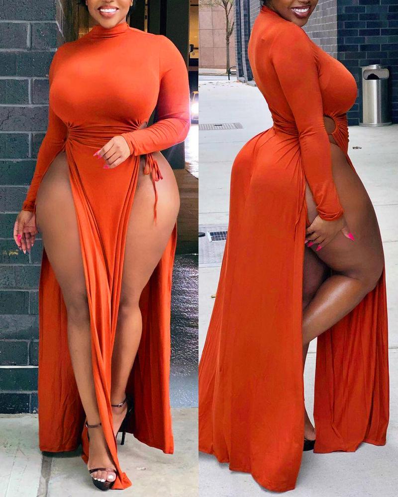 

Plus Size Long Sleeve Drawstring High Slit Party Dress, Orange