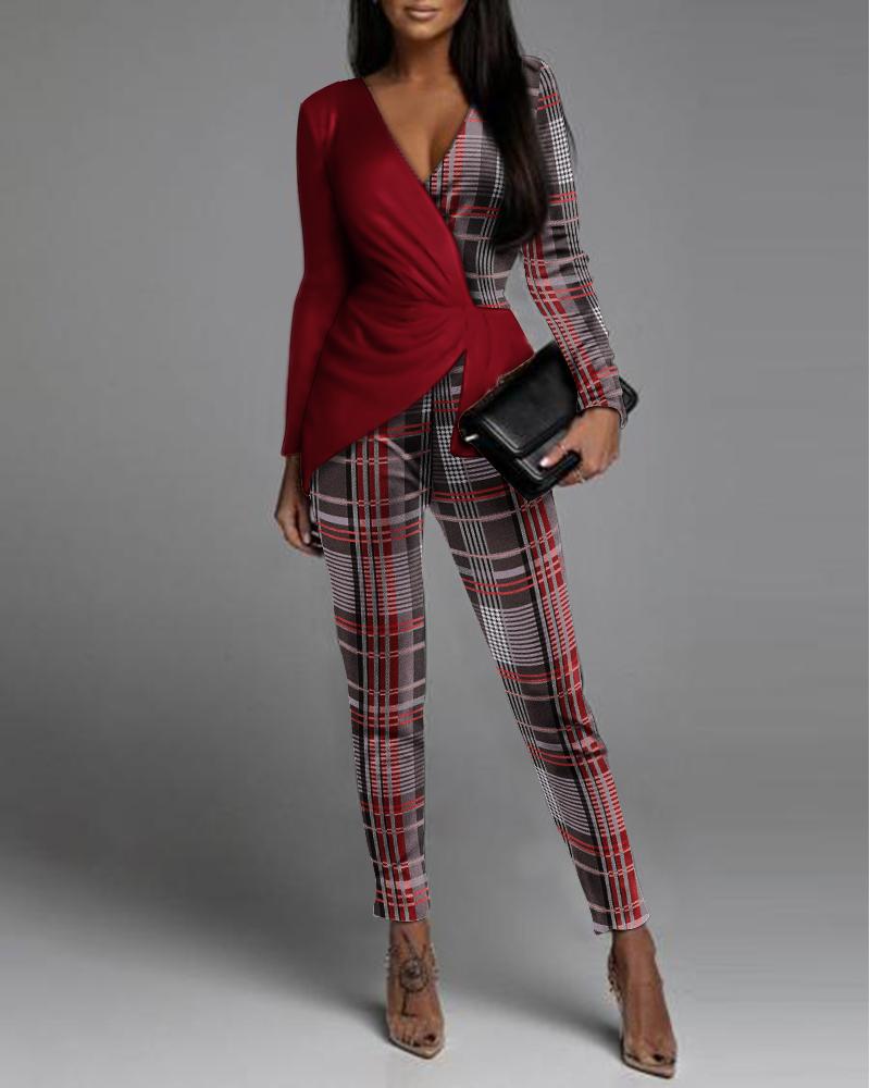 

Plaid Print Patchwork Long Sleeve Skinny Jumpsuit, Red
