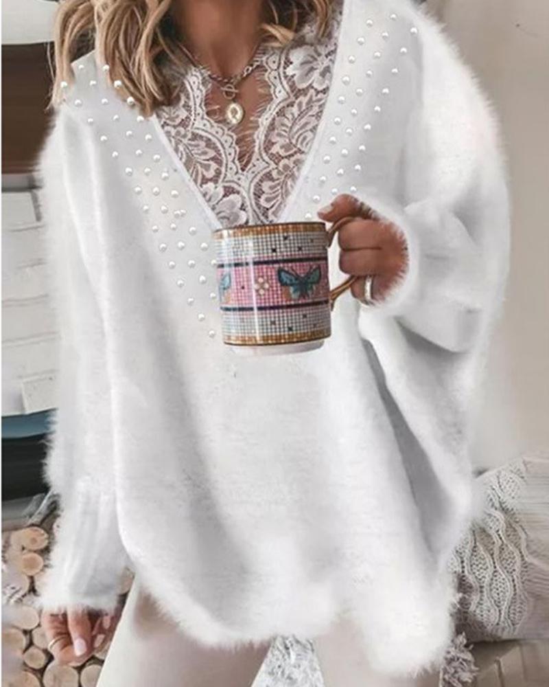 

Pearls Decor Lace Trim V-Neck Fluffy Sweater, White