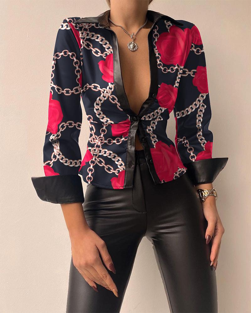 

Chain Floral Print PU Leather Patch Button Down Shirt, Purplish blue