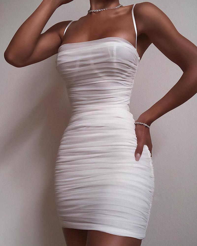 

Spaghetti Strap Mesh Ruched Bodycon Dress, White