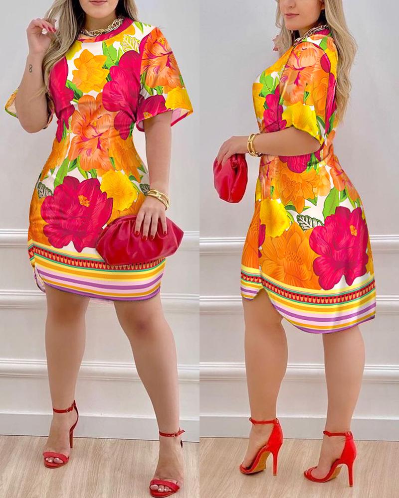 

Floral Print Half Sleeve Casual Dress, Multicolor