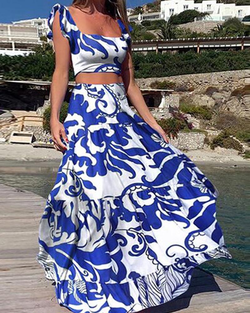 

Floral Print Sleeveless Strap Tanks With A-line Long Skirts Skirt Sets, Blue