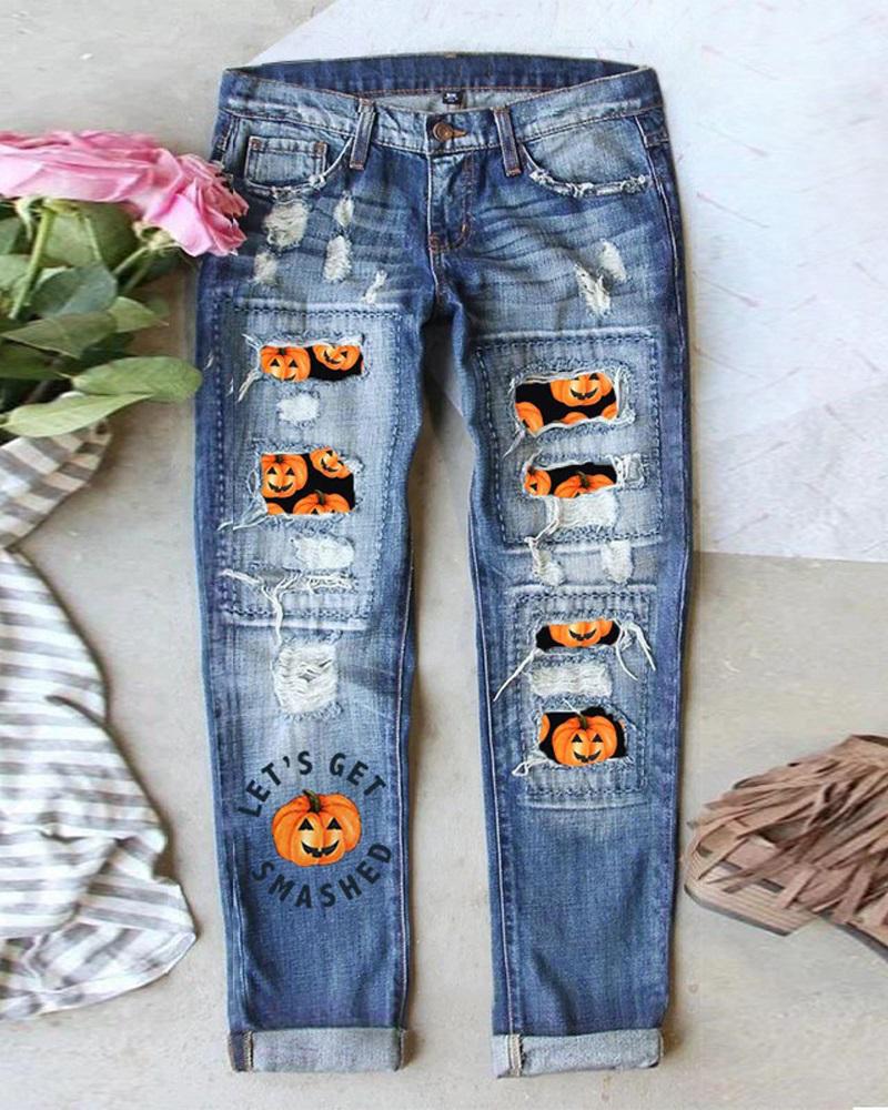 

Halloween Pumpkin Print Ripped Straight Leg Jeans, Blue