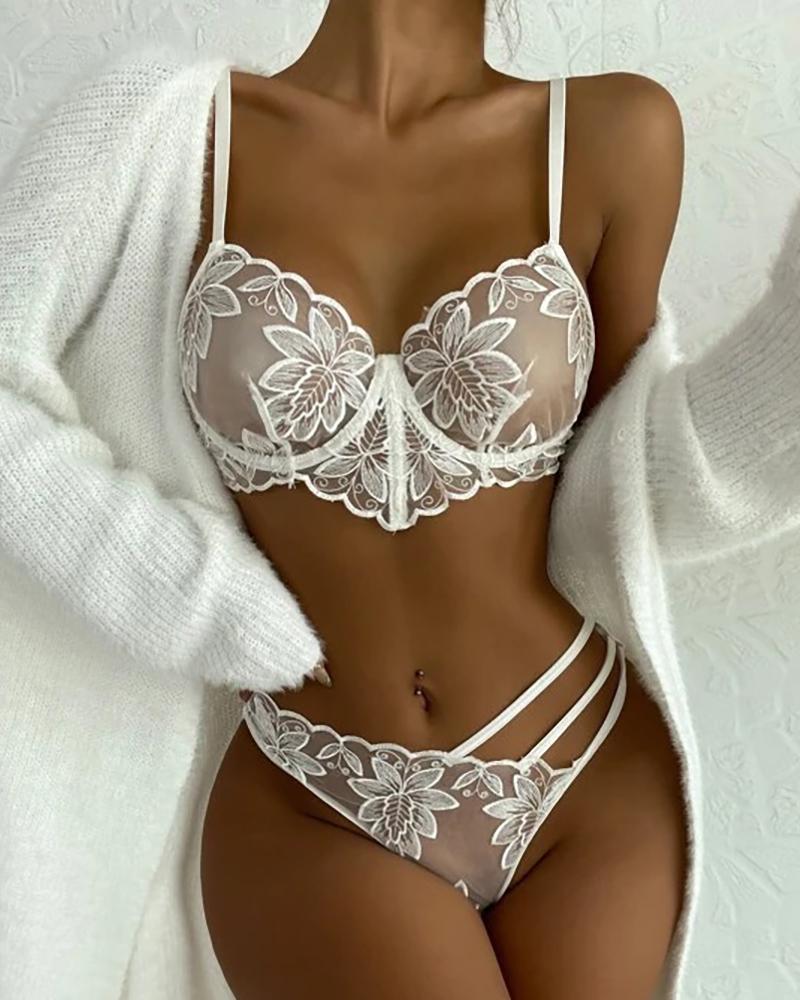 

Sheer Mesh Floral Embroidery Cutout Lingerie Set, White