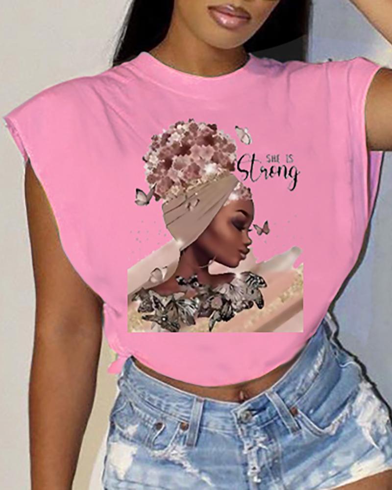 

O-Neck Figure Print T-shirt, Pink