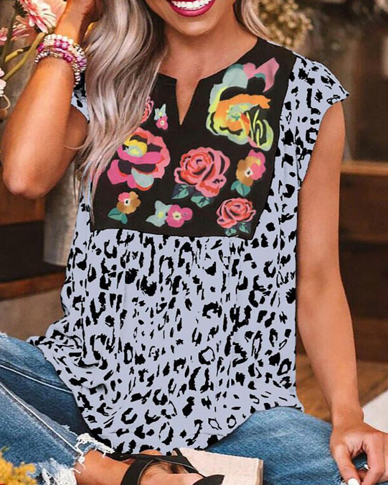 

Cheetah Floral Print Short Sleeve T-Shirt, Blue