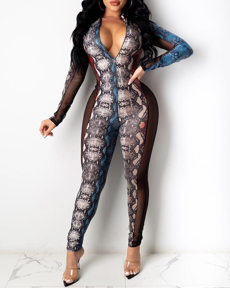 

Snakeskin Sheer Mesh Zip Front Jumpsuit