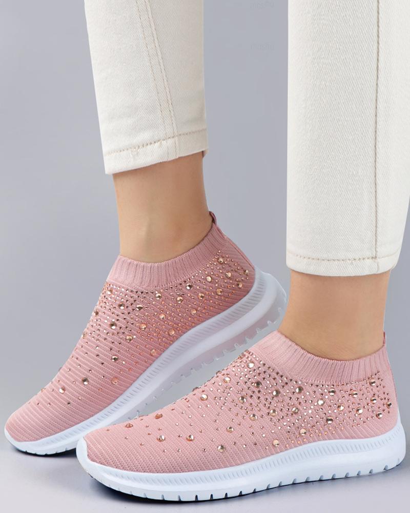 

Rhinestone Round Toe Slip On Sneakers, Pink