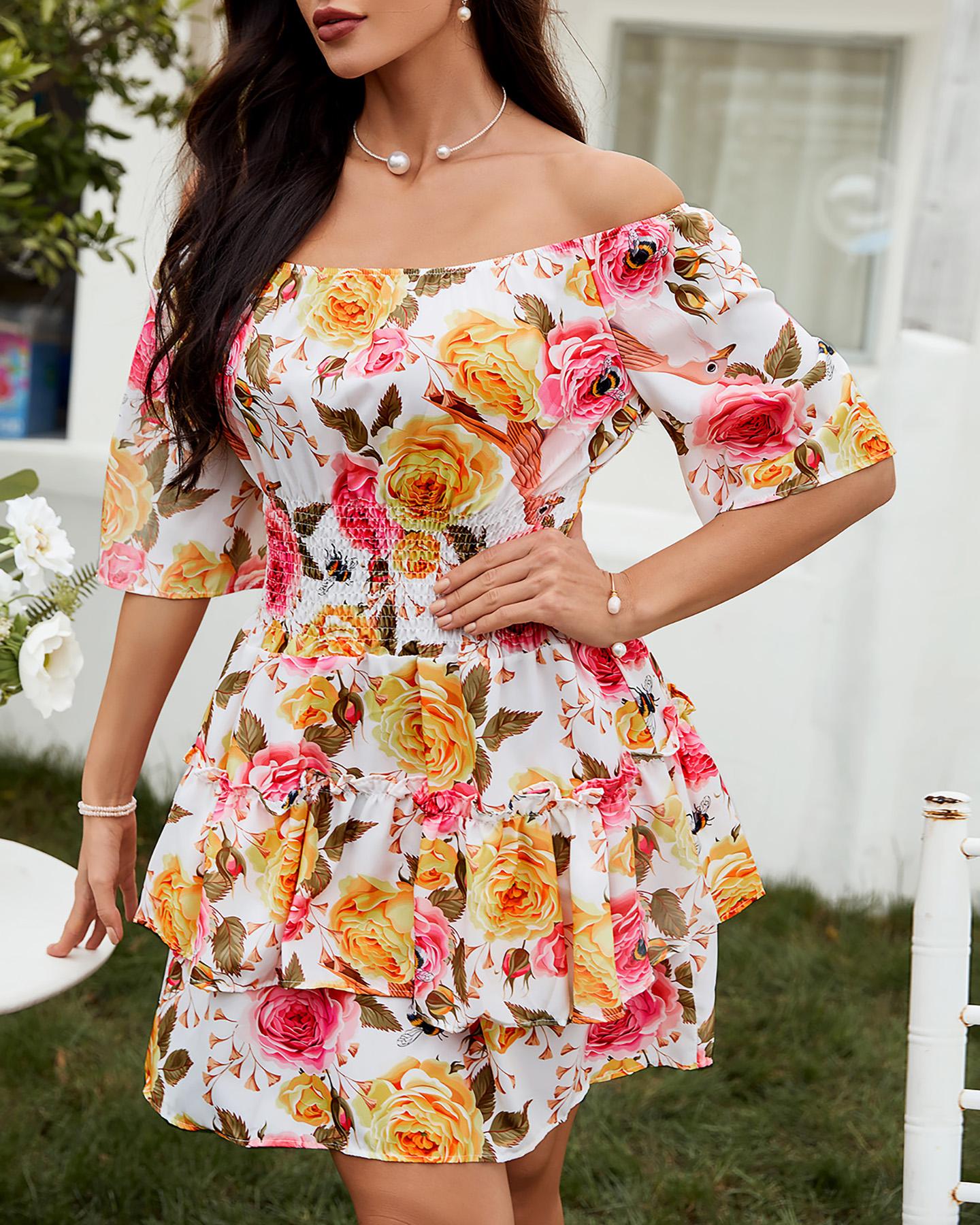 

Floral Print Off Shoulder Frill Hem Dress, Multicolor