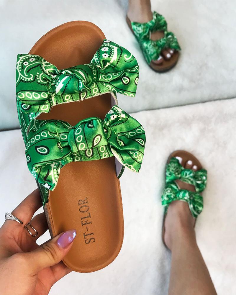 

Floral Print Double Bowknot Upper Cut-out Flat Sandals, Green