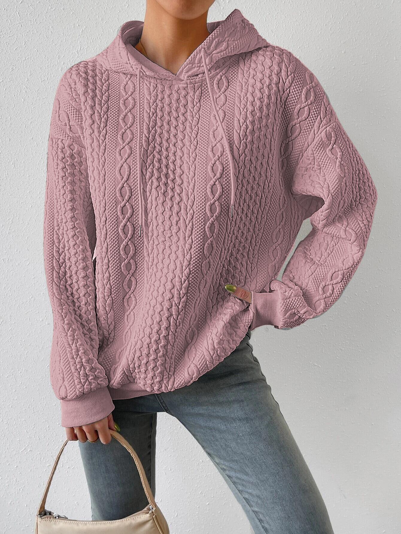 

Cable Textured Hooded Sweatshirt, Pink