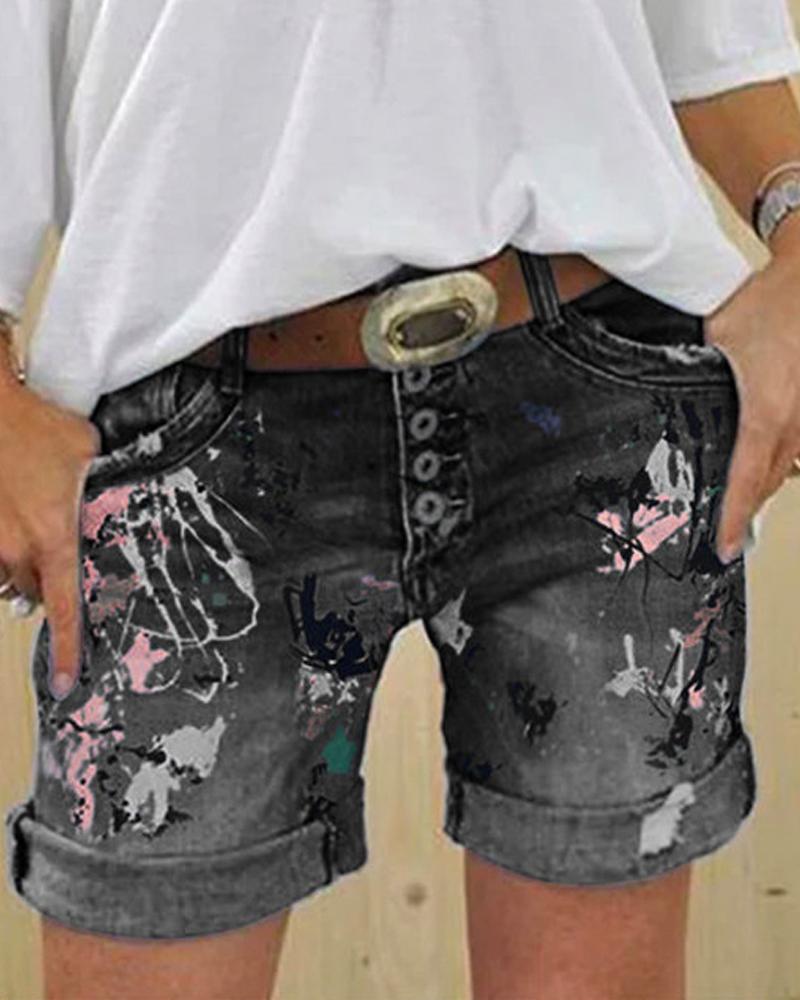 

Allover Print Roll Hem Button Fly Denim Shorts, Black