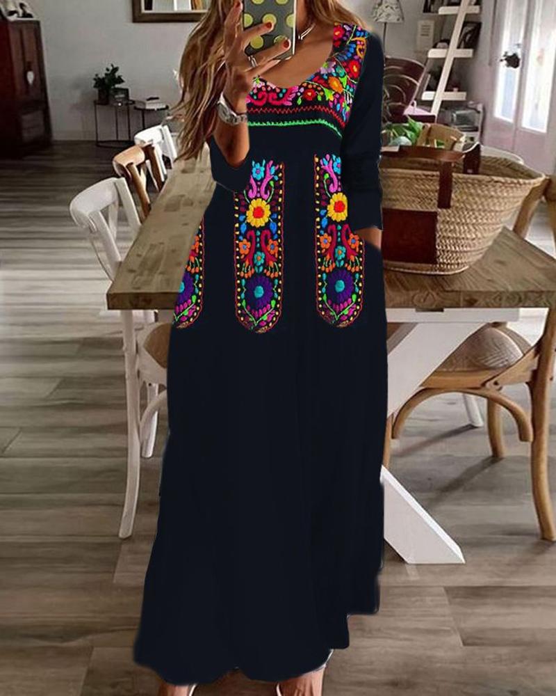 

Tribal Print Long Sleeve Maxi Dress, Black