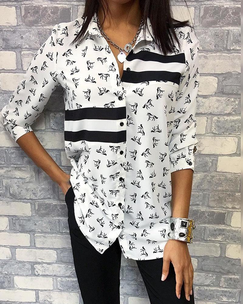 

Horse Pattern Contrast Striped Shirt, White