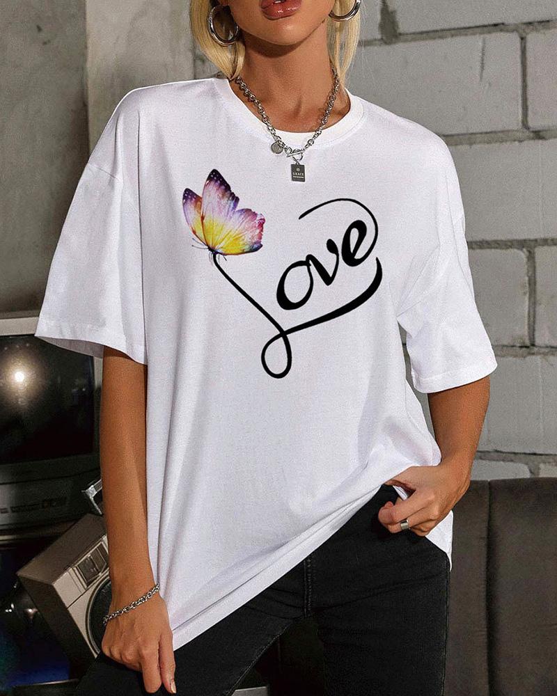 

Butterfly & Love Print Short Sleeve T-shirts, White