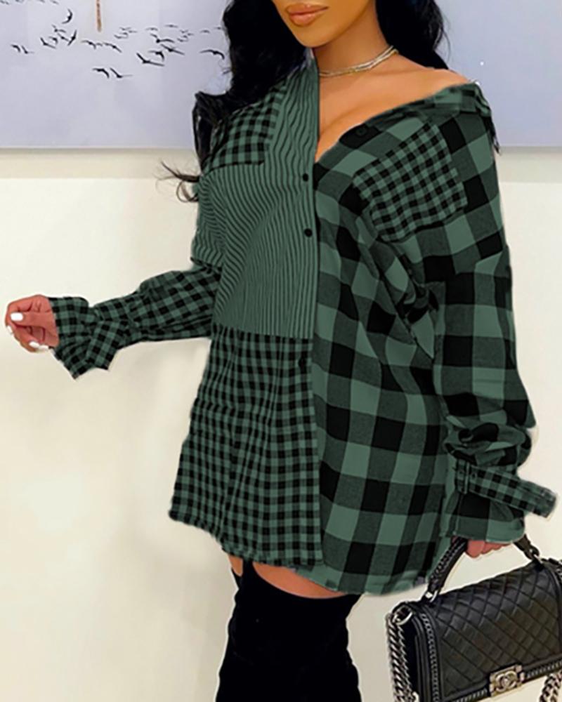 

Plaid Print Colorblock Pocket Design Shirt Dress, Green