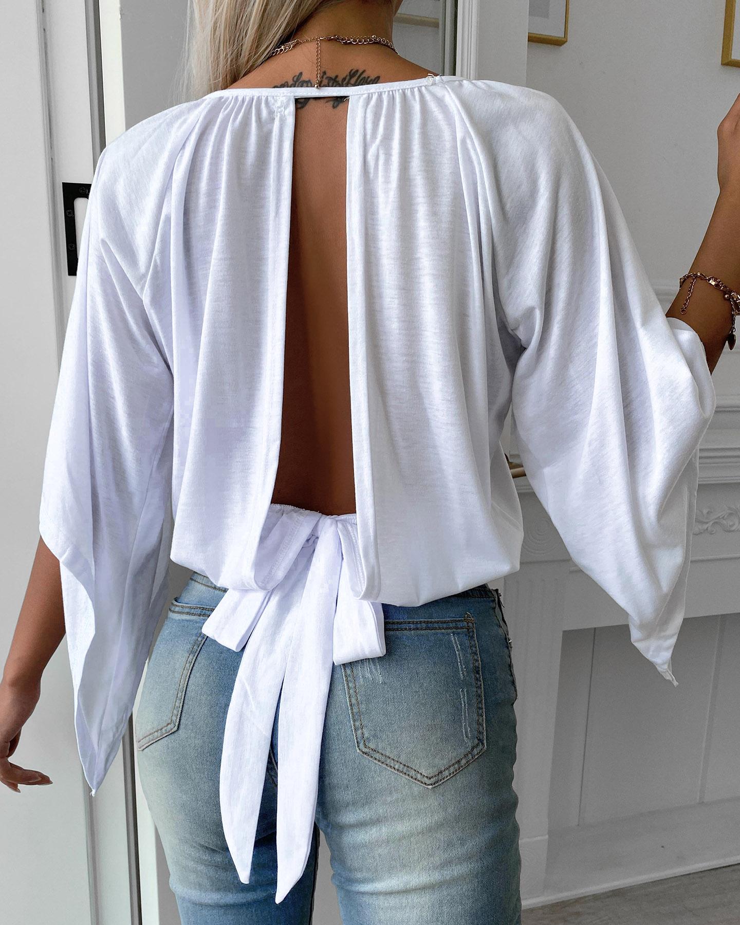 

Knotted Backless Batwing Sleeve Top, White