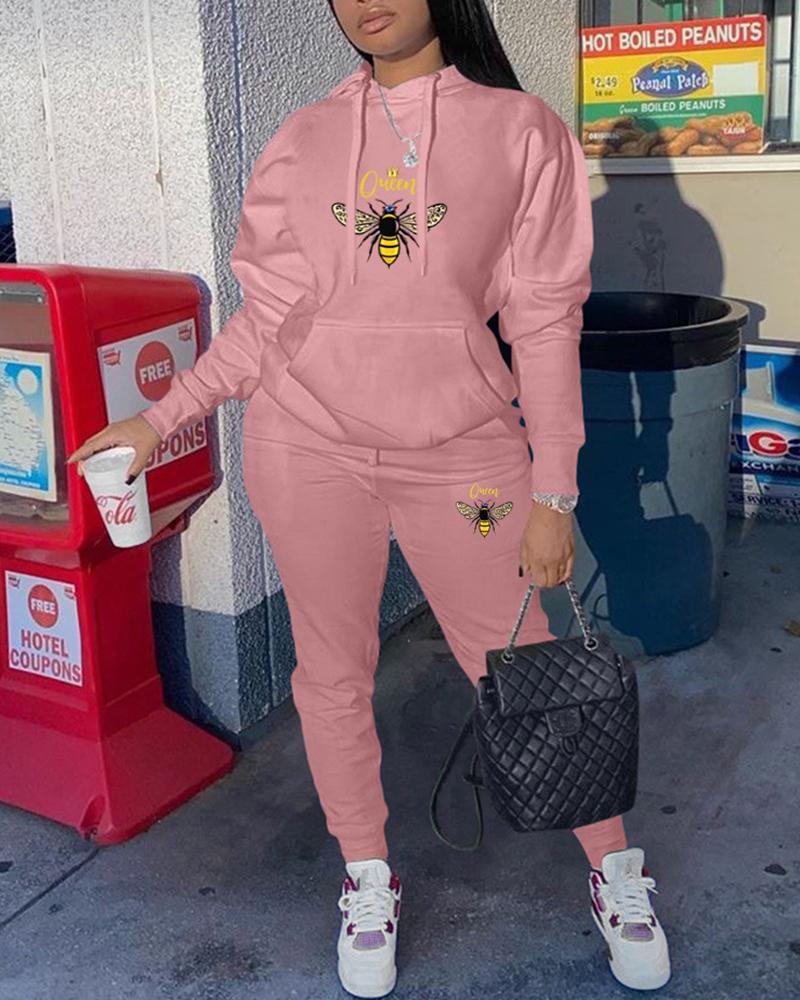 

Bee Pattern Hooded Top & High Waist Pants Set, Pink
