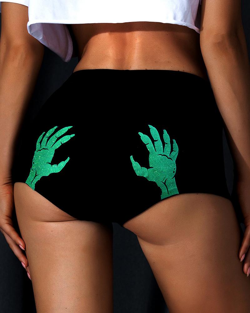 

Halloween Luminous Turquoise Color Skeleton Hands Print Panty, Black