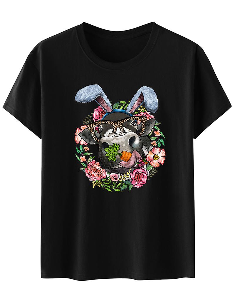 

Easter Cowboy Style Bunny Floral Print Casual T-shirt, Black