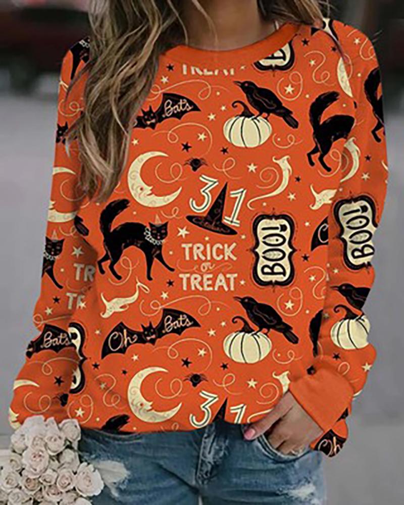 

Halloween Long Sleeve Bats Pumpkin Cats Print Sweatshirt, Orange