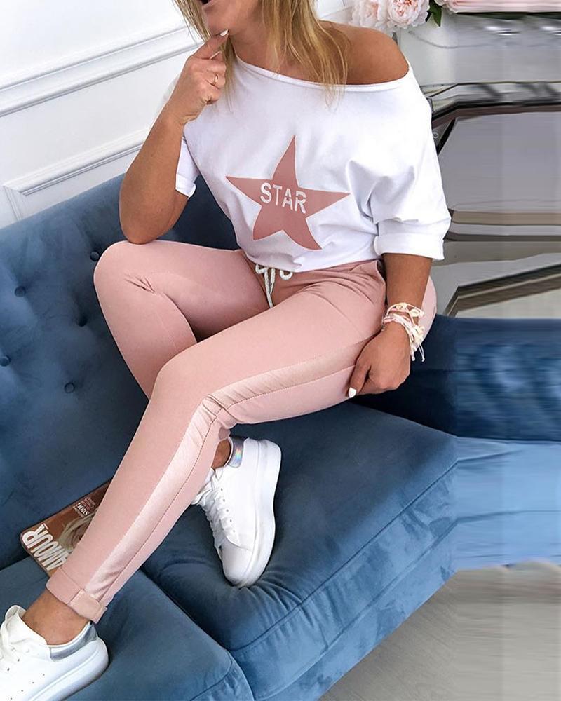 

Star Letter Print Top & Drawstring Design Pant Sets, Pink