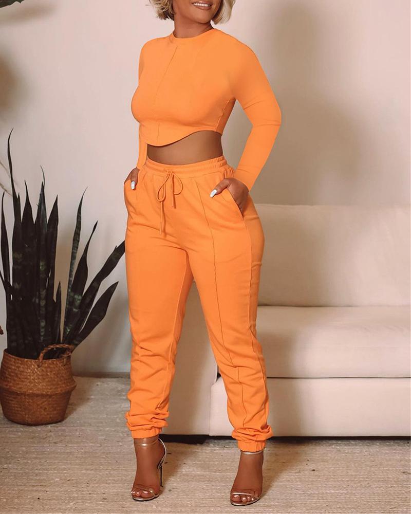 

O Neck Long Sleeve Top & Pocket Design Drawstring Pants Set, Orange