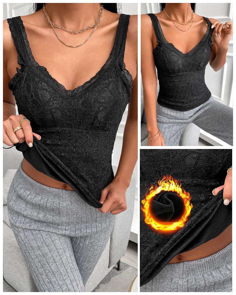 

V Neck Lace Trim Padded Vest Thermal Underwear Base Shirt, Black