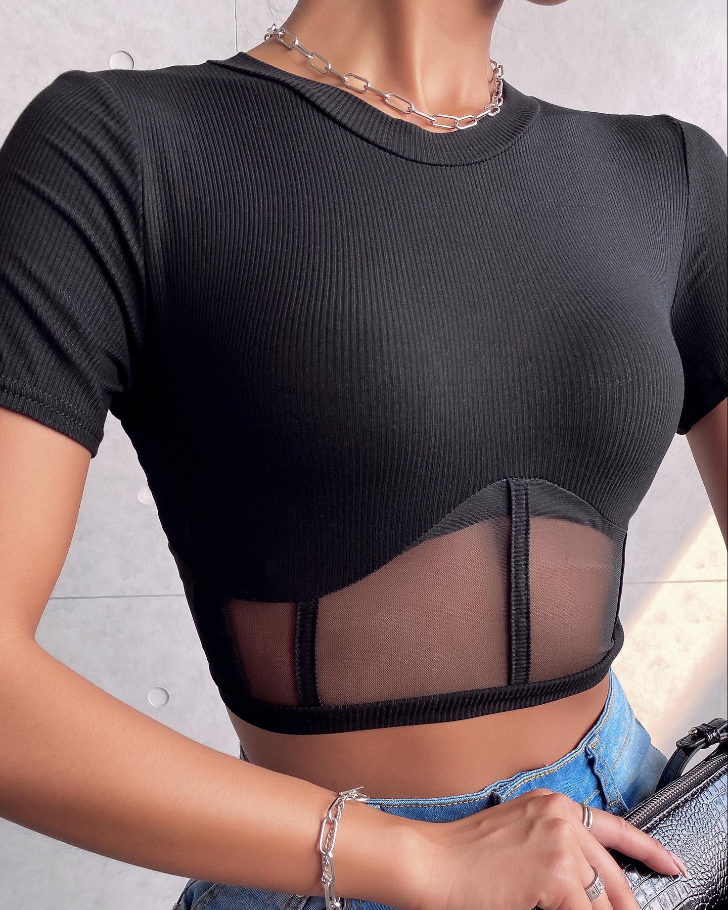 

Ribbed Short Sleeve Mesh Corset Top, Black