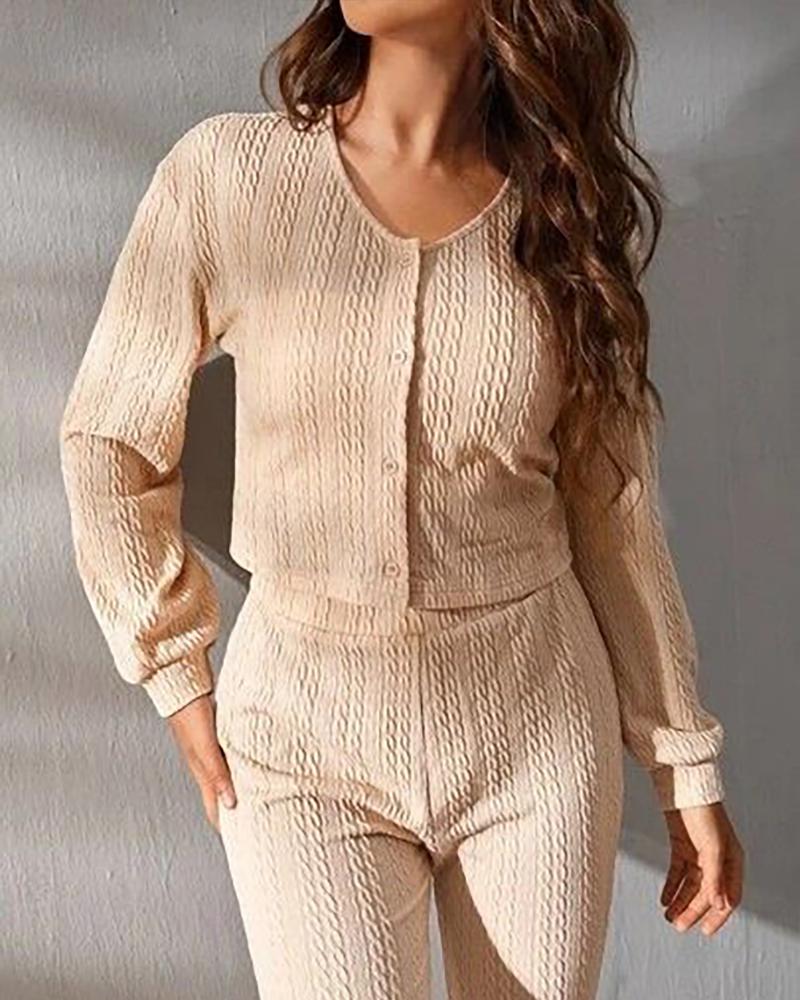 

Buttoned Cable Textured Top & Pants Set, Apricot