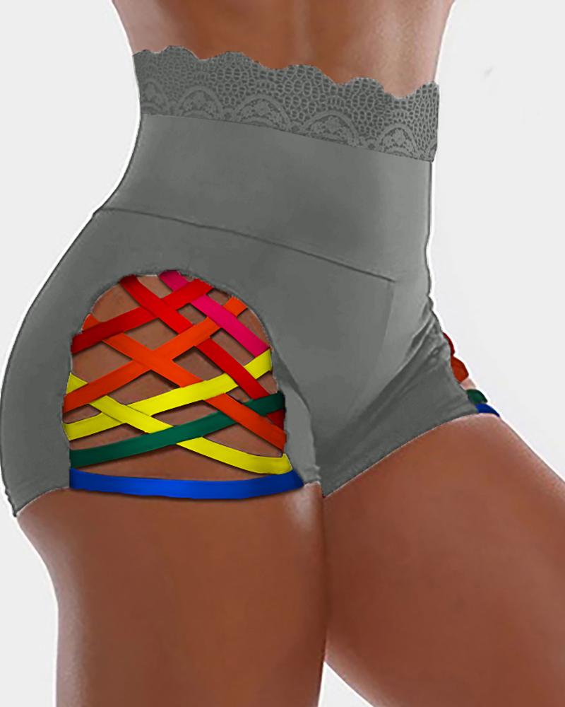 

Lace Trim Colorful Bandage High Waist Shorts, Gray
