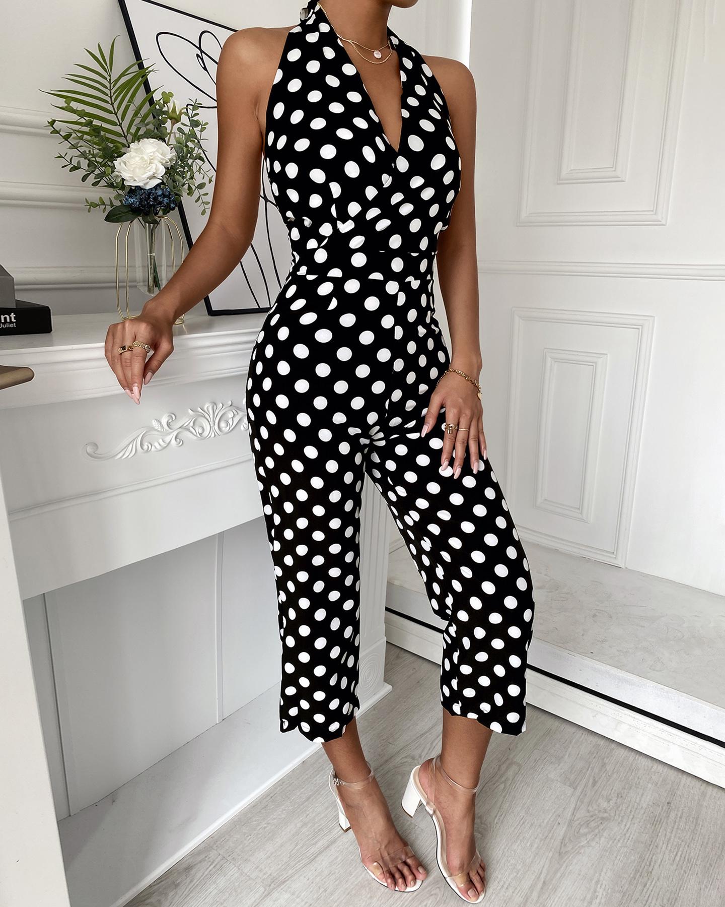 

Polkadot Print Halter Backless Wide Leg Jumpsuit, Black