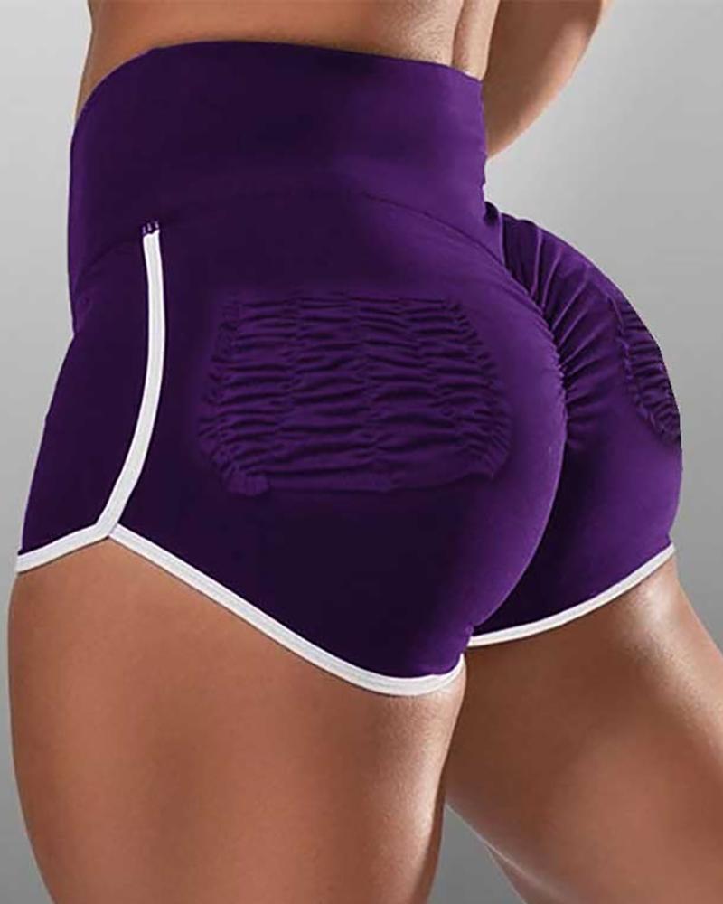 

Contrast Binding Wide Waistband Ruched Shorts, Purple