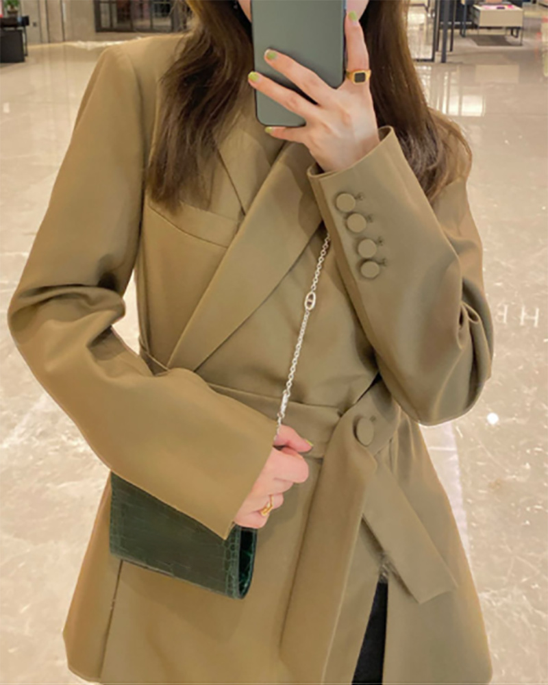 

Long Sleeve Button Decor Slit Trench Coat, Khaki