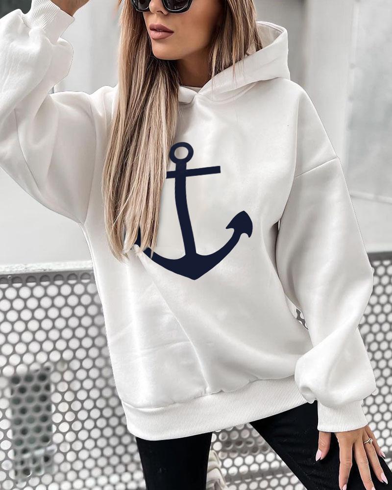 

Anchor Print Drop Shoulder Hoodie, White