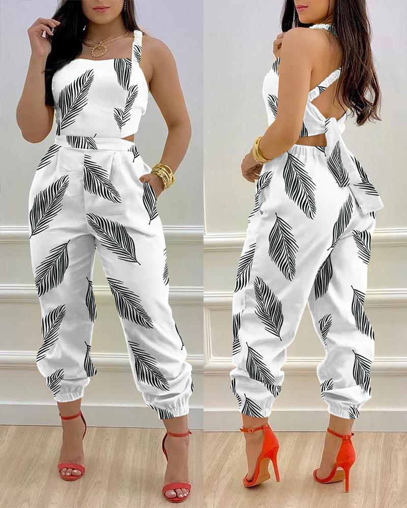 

Leaf Print Criss Cross Tied Detail Backless Jumpsuit, White