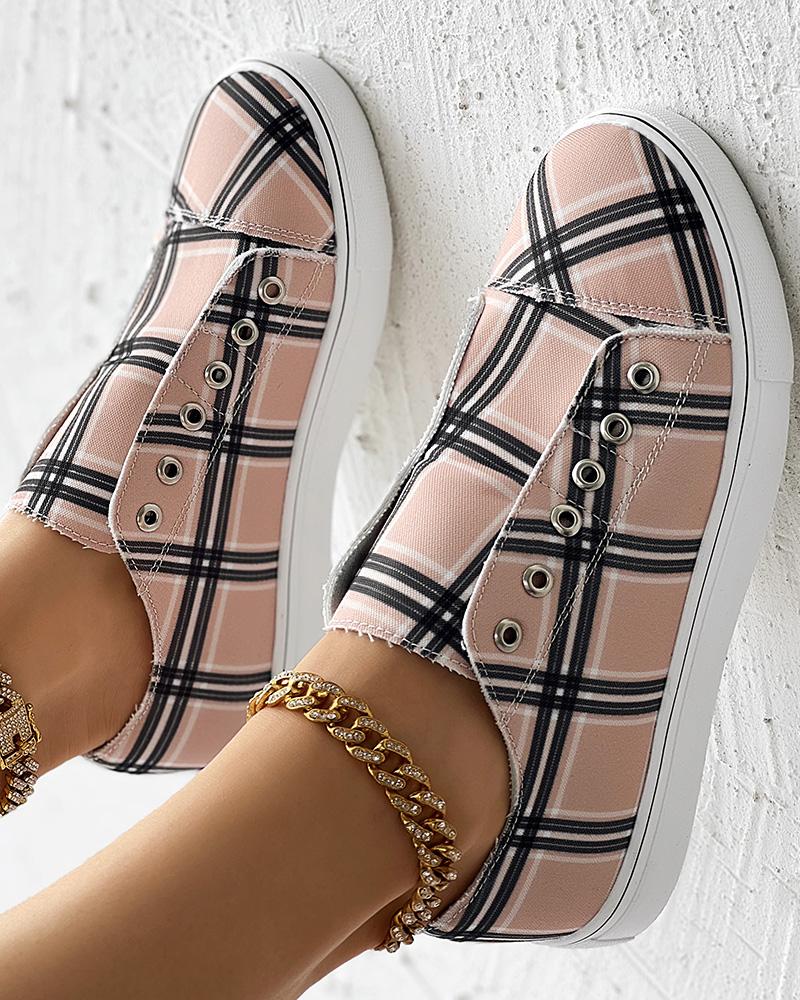 

Eyelet Plaid Print Canvas Sneakers, Pink