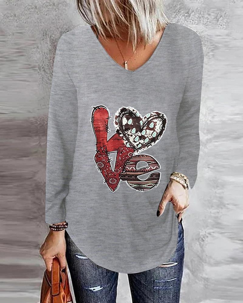 

Letter Heart Print Long Sleeve Top, Gray
