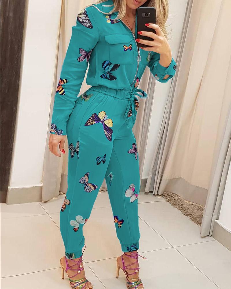 

Butterfly Print Zipper Pocket Design Jumpsuit, Blue