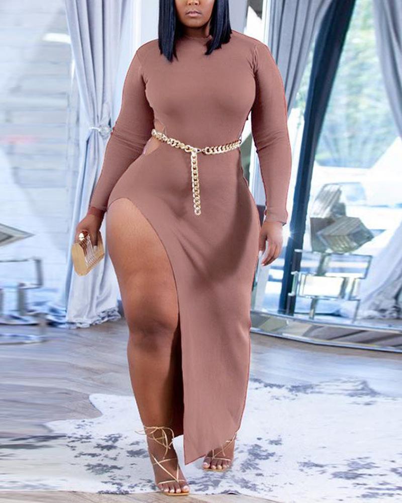 

Plus Size Long Sleeve Cutout High Slit Bodycon Dress, Pink