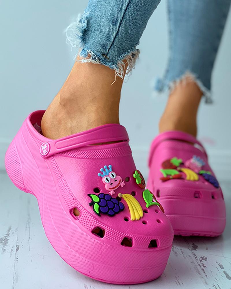 

Cartton Pattern Cutout Flatform Clogs, Hot pink