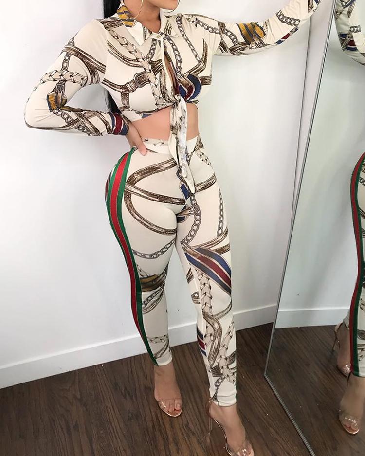 Chains Side Contrast Stripes Cropped Pant Set