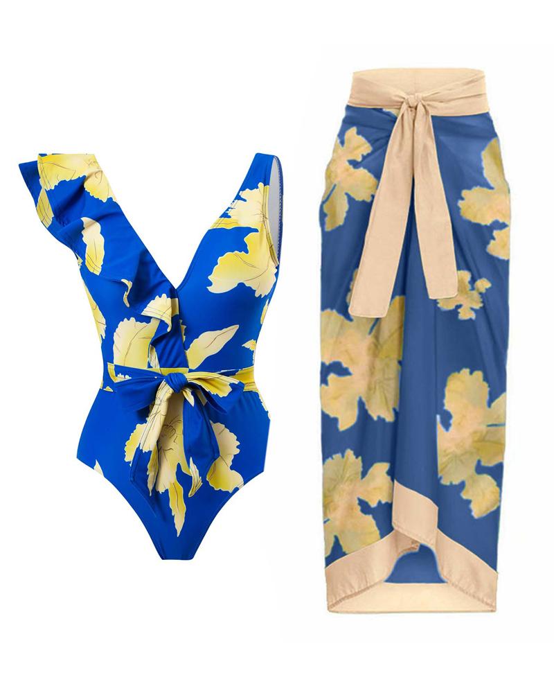 

Plants Print Ruffle Hem One-Piece Swimsuit With Cover Up, Blue