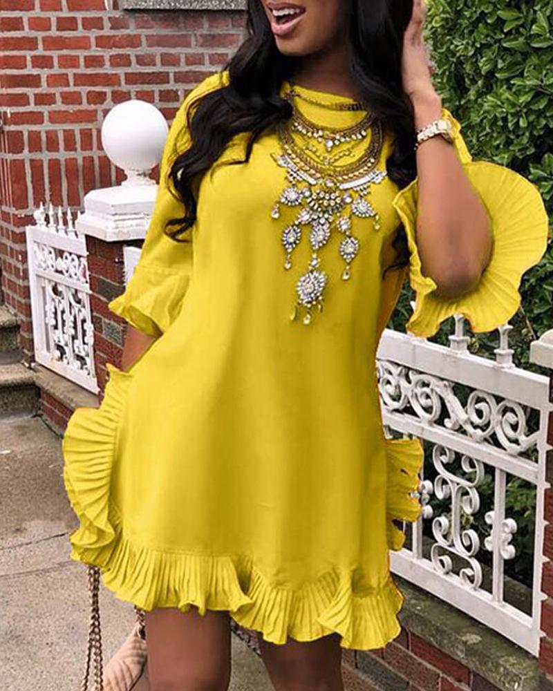 

Ruffled Hem Bell Sleeve Dress, Yellow