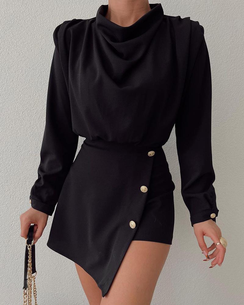 

Cowl Neck Long Sleeve Top & Buttoned Asymmetrical Skirt Set, Black