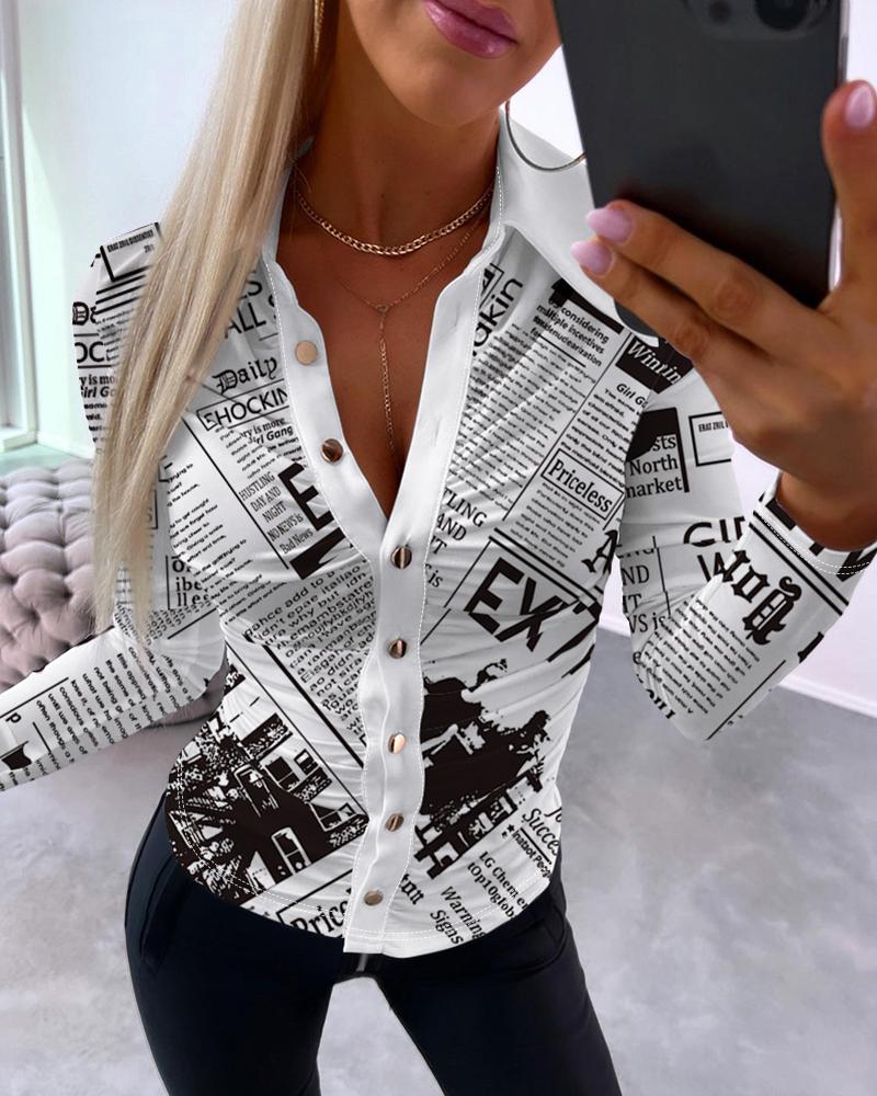 

Newspaper Print Ruched Buttoned Long Sleeve Top, White