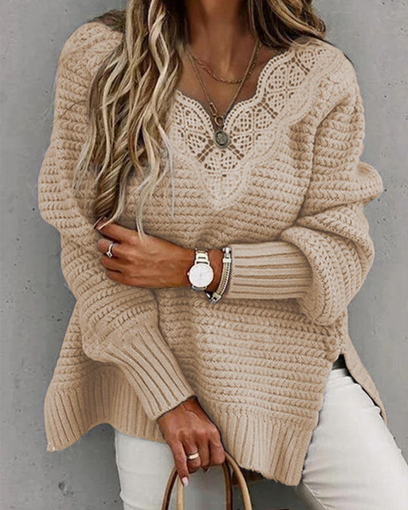 

Contrast Lace Split Hem Long Sleeve Sweater, Khaki