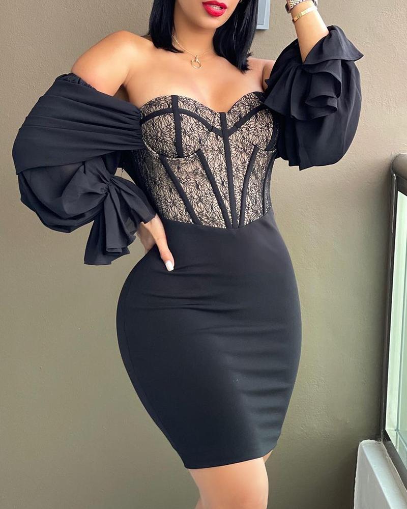 

Off Shoulder Lantern Bell Sleeve Lace Party Dress, Black